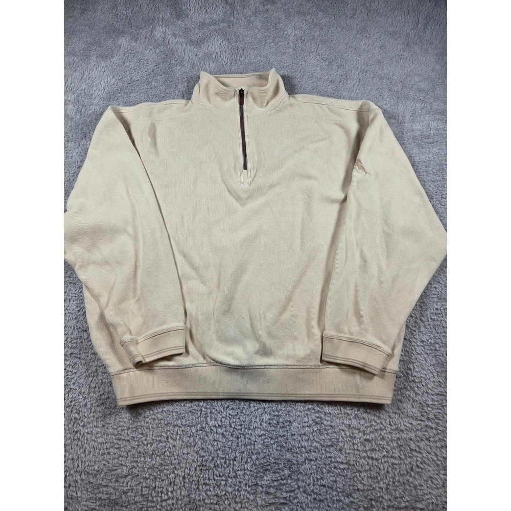Tommy Bahama Quarter Zip Pullover XL Beige Mens Cotton Marlin Logo Sweater
